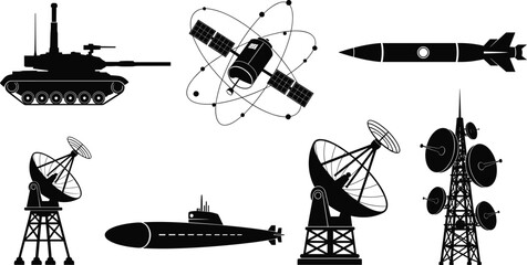 Military Technology Icons, Defense Equipment Silhouettes, Communication Tower Graphics, Satellite and Missile Art, Submarine Illustration, Black and White Security Symbols © Sandra Weiss