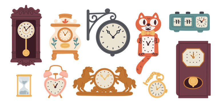 Vintage clocks and watches. Antique interior element, time showing retro devices, classic wooden clocks with pendulum, mechanical hourglass and pocket watch, garish vector isolated set