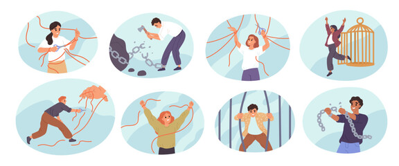 People being freed from bonds. Psychological liberation from problems, connections and manipulations, breaking chains, men escaping, cartoon flat style isolated garish vector mental health set © YummyBuum
