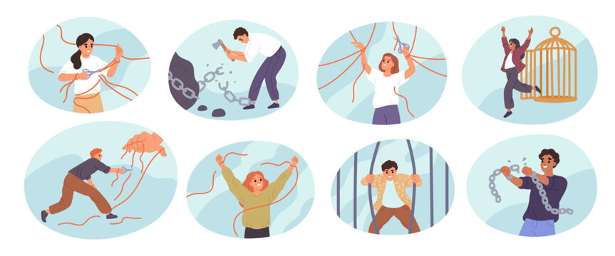 People being freed from bonds. Psychological liberation from problems, connections and manipulations, breaking chains, men escaping, cartoon flat style isolated garish vector mental health set