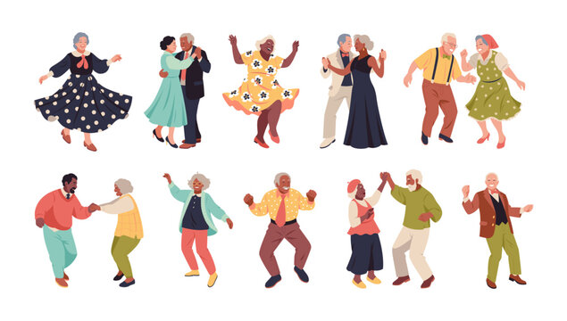 Old couples dancing. Active elderly people, funny dancers characters in active energy poses, senior music lovers, grandparents party, choreography hobby, sport, tidy vector cartoon set