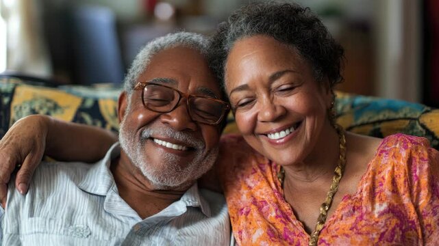 An elderly man and woman sitting together on a couch smiling, likely family or spouses