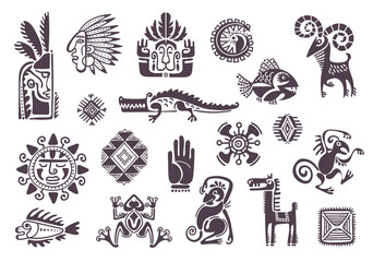 Fototapeta premium Maya civilization elements. Traditional tribal mexican icons, ethnic animals, masks totems, gods silhouettes, decorative elements for cultural aztec ornaments, shaman sign splendid vector set