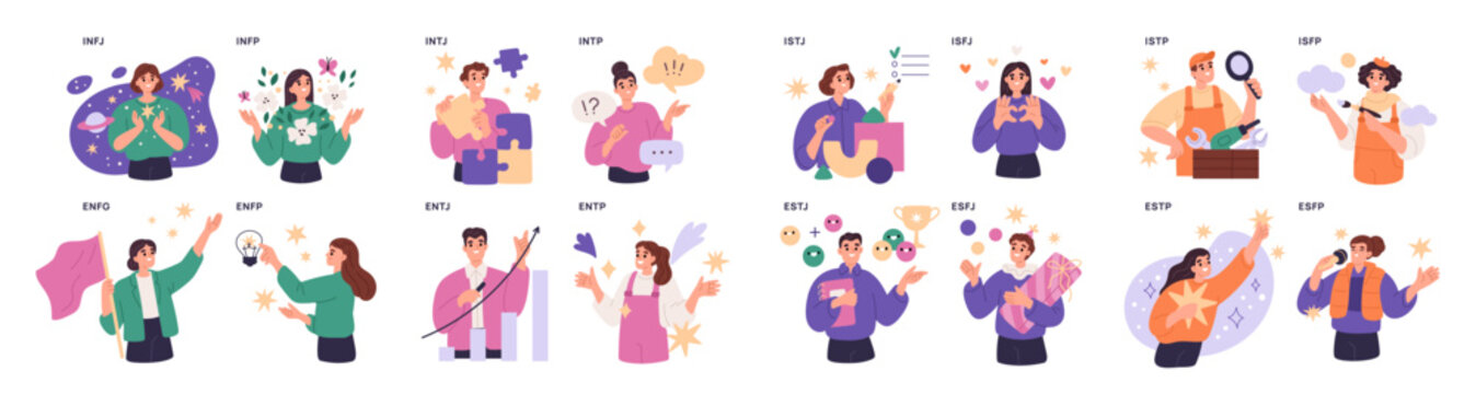 Mbti people types. Persons psychological characteristics, different mindsets, personalities, myers briggs classification, behavioral profiles with symbols garish vector cartoon isolated set