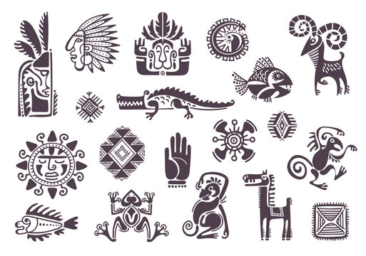 Maya civilization elements. Traditional tribal mexican icons, ethnic animals, masks totems, gods silhouettes, decorative elements for cultural aztec ornaments, shaman sign splendid vector set