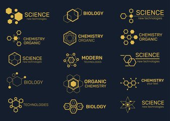Naklejka premium Hexagonal structure badges. Molecular diagrams, scientific names, medical logotype, bio, chemical laboratory icons, organic compounds, golden elements. Logo qualitative vector isolated set