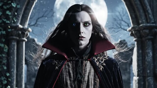 Mysterious Vampire in a Gothic Ruin Against a Full Moon in a Dark Night