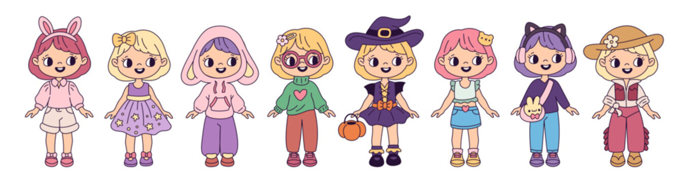 Girl paper doll outfits. Cute kids with different dresses and accessories, fashionable young characters, funny clothes, playful children cartoon flat style isolated garish vector set