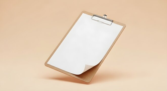 A wooden clipboard holds white paper with curled bottom corner floating on beige background