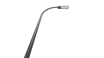 Obraz premium A gray curved street lamp pole with a rectangular light fixture at the top against a plain white space is visible no background