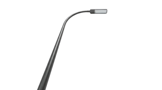 A gray curved street lamp pole with a rectangular light fixture at the top against a plain white space is visible no background