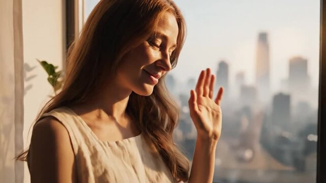 Woman waving hello from apartment window, enjoying morning sunlight over city skyline view, lifestyle concept