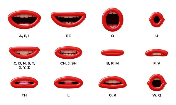 Cartoon 3d mouth. Funny red lips positions, articulation in pronunciation of sounds and letters, talking process sync animation speaking in English, render cartoon style classy vector set