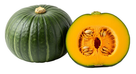 Whole green pumpkin next to a halved pumpkin showing bright orange flesh and seeds, isolated
