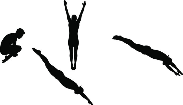 Silhouettes of divers in various poses