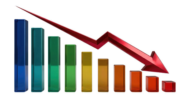 Colorful bar graph showing a downward trend with a red arrow pointing down on a white backdrop alpha channel with white background