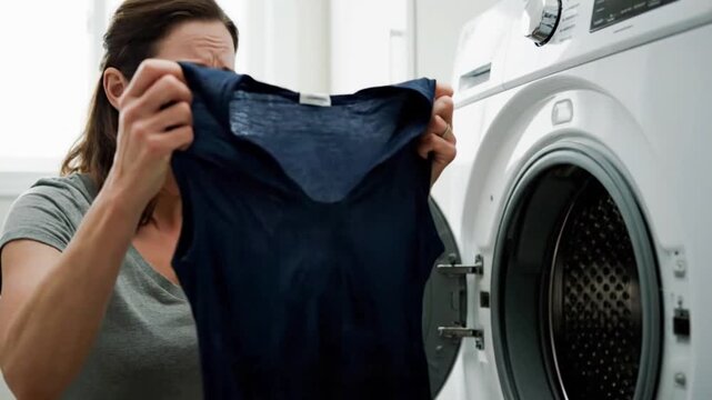 Video of a disappointed Woman taking out her shrunken dress out of a dryer