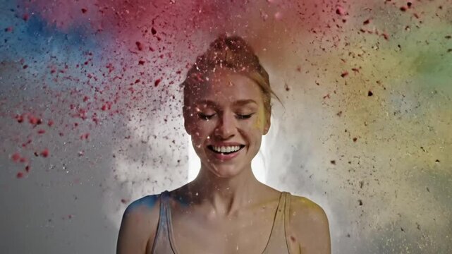 Cheerful woman's face covered in colorful powder cloud from exploding paint celebrating joy and happiness