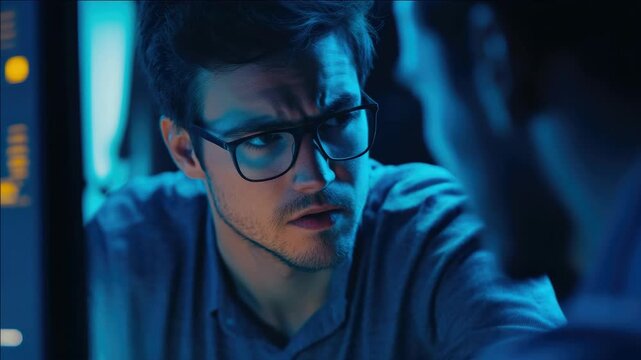 Young adult male with glasses and intense expression looking at someone else's face. He appears surprised, perhaps shocked or intrigued by what he sees.