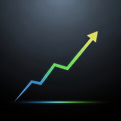 Business growth financial chart Luminous arrow ascending against dark background. Vivid green arrow climbing