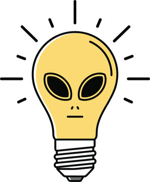 Creative alien head light bulb icon in yellow and black representing extraterrestrial intelligence futuristic technology and out-of-this-world idea concepts.