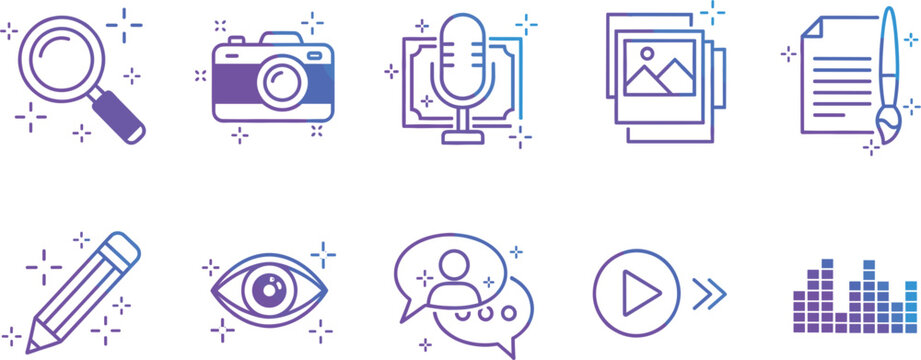 Creative multimedia icon set with purple blue gradients featuring camera magnifying glass microphone gallery pencil play button and audio equalizer symbols.