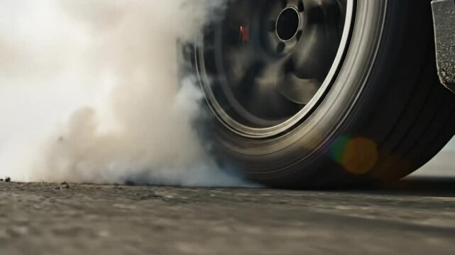 Close up view of car tire spinning on pavement generating smoke and particles during burnout