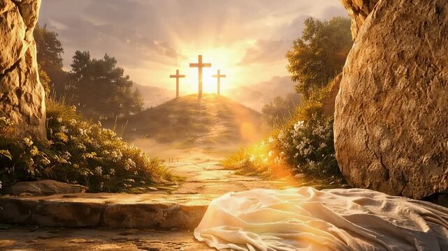 Empty tomb at sunrise with cross on hill symbolizing resurrection and hope on Easter morning glowing