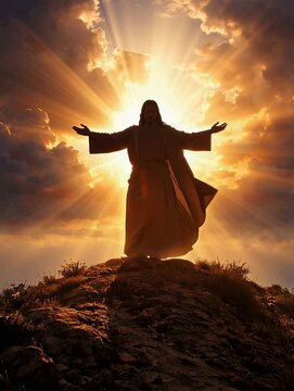 Silhouette of Jesus with open arms on hill at sunrise symbolizing faith and hope for Easter day holy