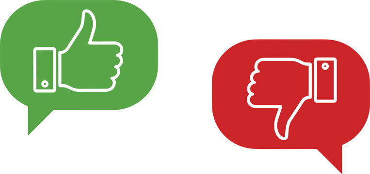 Green thumbs up and red thumbs down outline icons in speech bubbles for customer feedback satisfaction rating and social media like or dislike interface design.