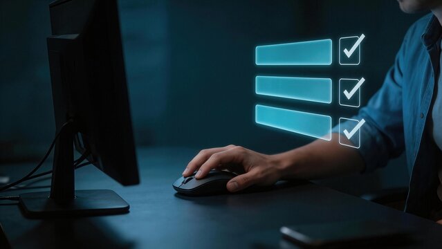 Person using computer mouse with holographic checklist