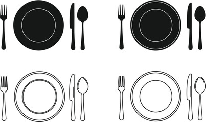 Set of black and white cutlery icons with dinner plates forks knives and spoons in silhouette and outline style for restaurant menu and dining etiquette design.