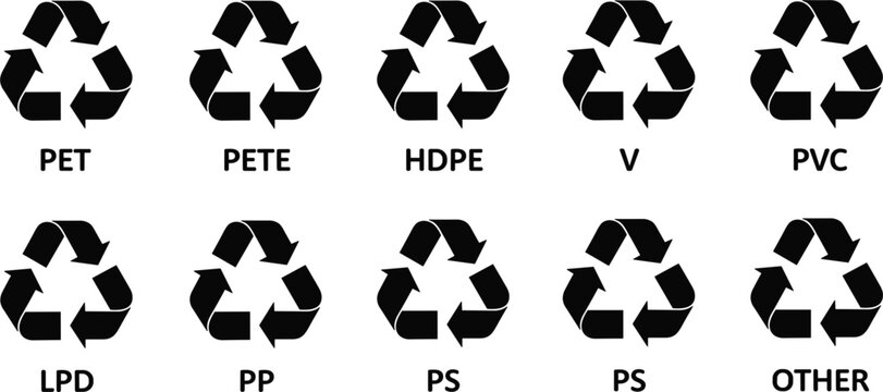 Set of black plastic recycling symbols with resin identification codes including PET, HDPE, PVC, and PP for waste management and environmental sustainability labeling.