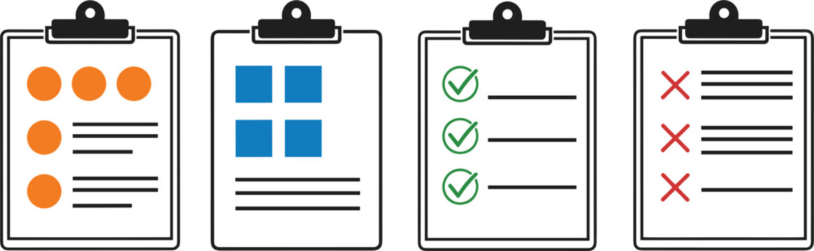 Set of four clipboard icons with task checklists featuring colorful bullet points check marks and red crosses for project management productivity and business organization.