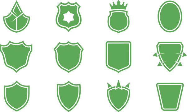 Set of green shield icons and medieval security badges for protection safety insurance data privacy and heraldry symbols isolated on white background.