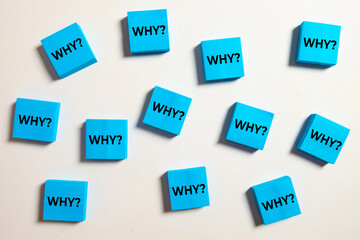 Problem solving and root cause analysis strategy. Many blue sticky notes with Why question text. Concept of brainstorming, confusion, asking for reason, and business management.