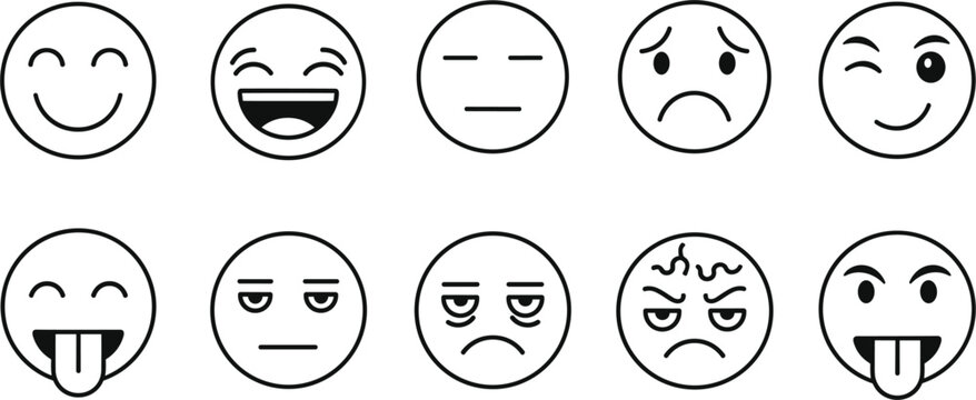 Set of ten black and white emoji face line icons showing various expressions like happy sad wink and laughing for customer feedback survey and social media interface design.