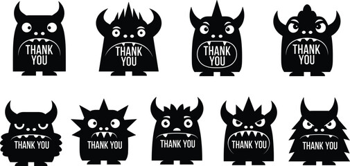 Cute monster thank you card set with funny cartoon characters, black silhouette vector illustration collection for greeting design © MDALRAFIN