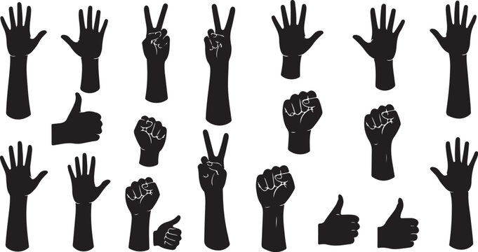 Various hand gestures on white background in black silhouette style