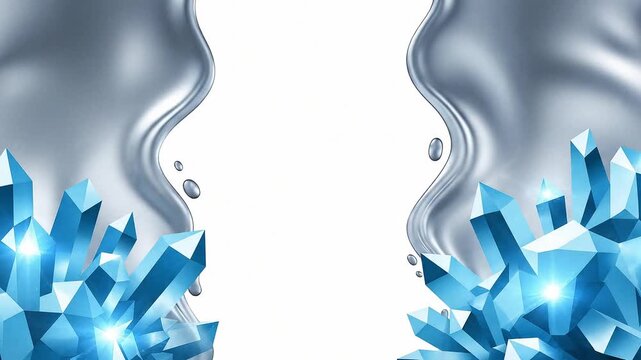 Abstract liquid-metal gradient animation, vertical banner format, molten silver flowing into crystalline icy blue, subtle light bloom, flat vector design with depth illusion