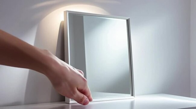 Hand adjusting modern mirror on white surface with soft light  