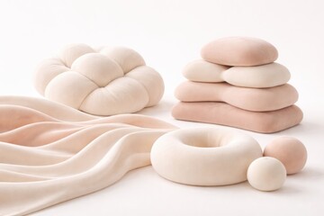 Assortment of soft plush decorative pillows in pastel pink and cream colors