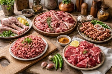 Assortment of raw meat cuts including lamb chops minced meat kebabs and stew meat, Eid ul Adha Concept