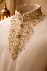 Cream Sherwani with intricate gold embroidery and ornate buttons