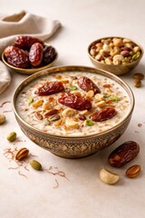 Creamy Rice Pudding with Dates and Nuts in Ornate Bowl, sweet dessert