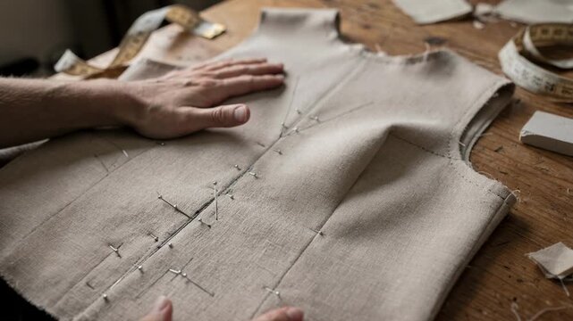 Tailor sewing contour darts on garment fabric emphasizing the craftsmanship involved in shaping bodices for perfect body alignment and style refinement.