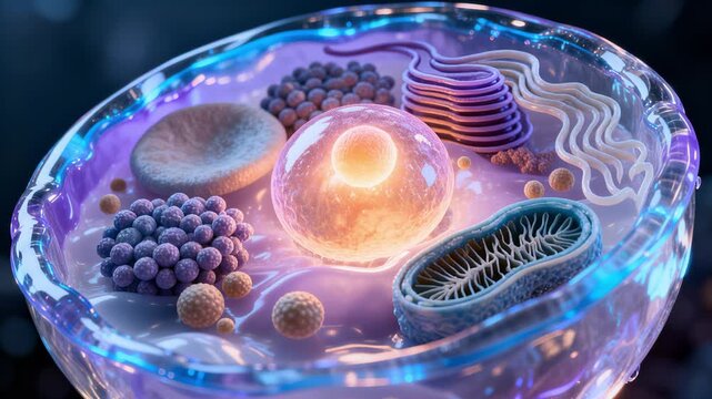 Transparent cell diagram highlighting organelles with vibrant lighting effects