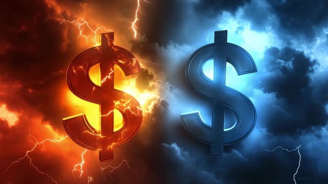 Two cash symbols appear in a stormy sky filled with bright lights and contrasting colors, suggesting a fierce competition over money