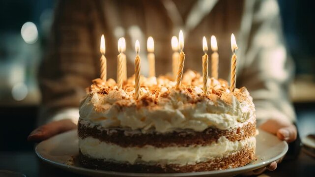 A delicious homemade birthday cake with nine lit candles is being presented in a cozy indoor setting. Warm candlelight creates a festive and inviting atmosphere for celebration