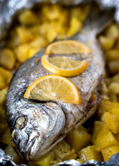 Baked whole sea fish Dorado with lemon and potatoes. Homemade mediterranean seafood dish. Close-up. Selective focus.